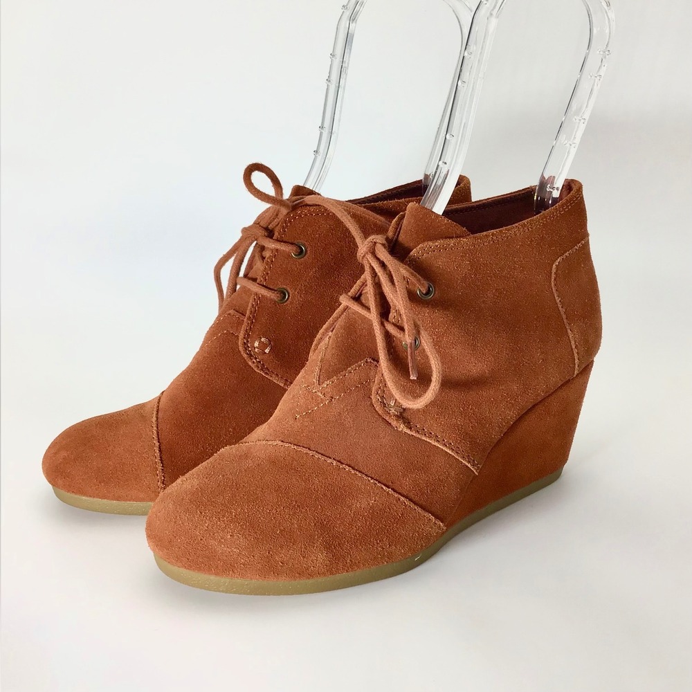 Toms Kala Rust Brown Lace Up Suede Wedge Heels Ankle Boot Booties Women's 7.5